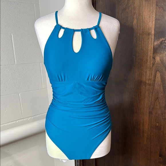 NWT Cupshe Blue One-Piece Swimsuit Size M crisscross open back tummy control - Picture 2 of 6